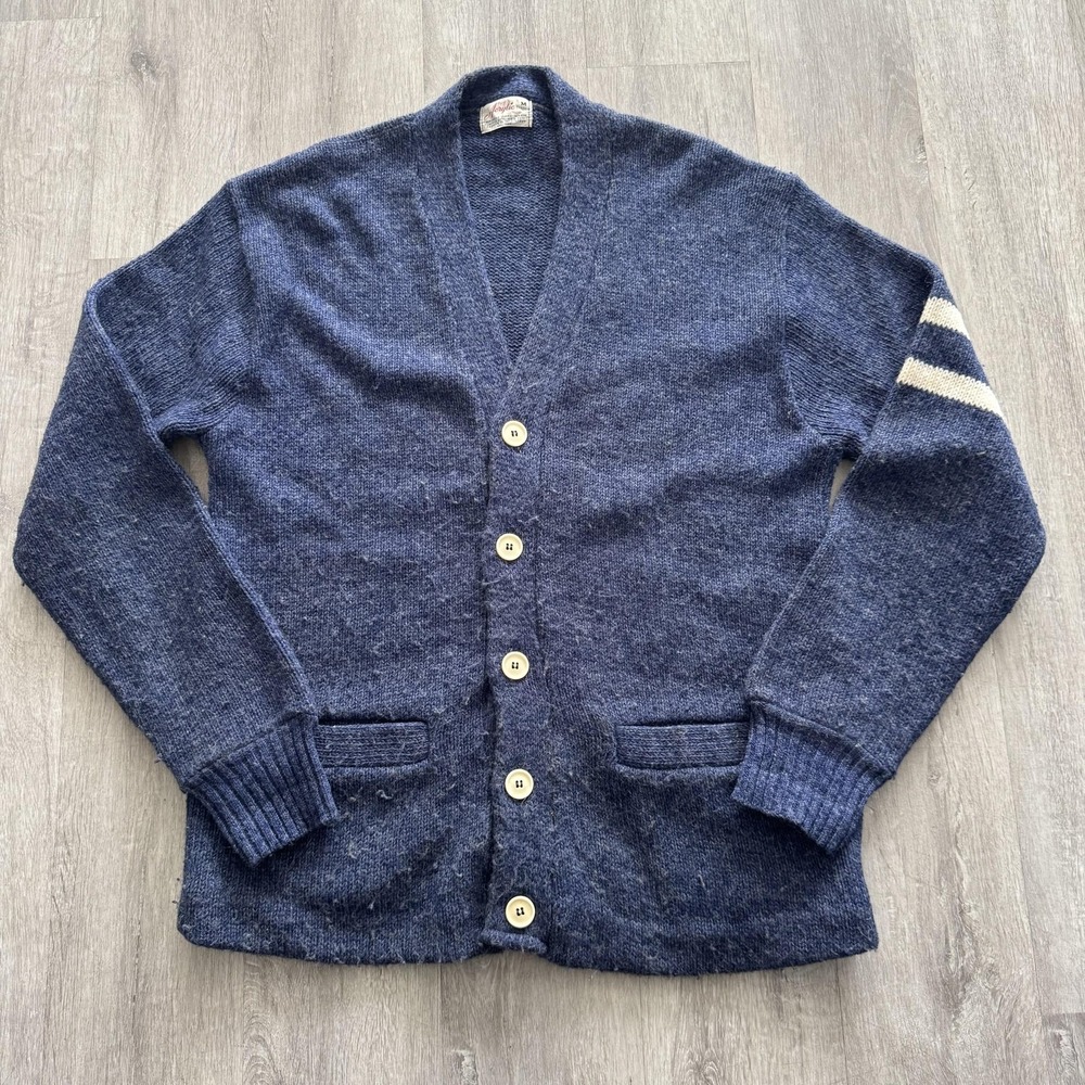 Vintage Sweater Mens Medium Blue Cardigan Sweater Striped Sleeve Pockets Knit